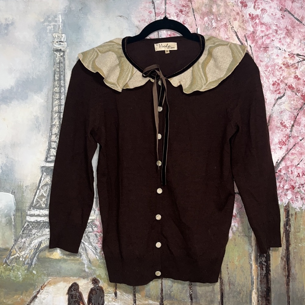 Viola Per Donna Wool Blend Button up Collard Brown Cardigan Sweater sz S EUC